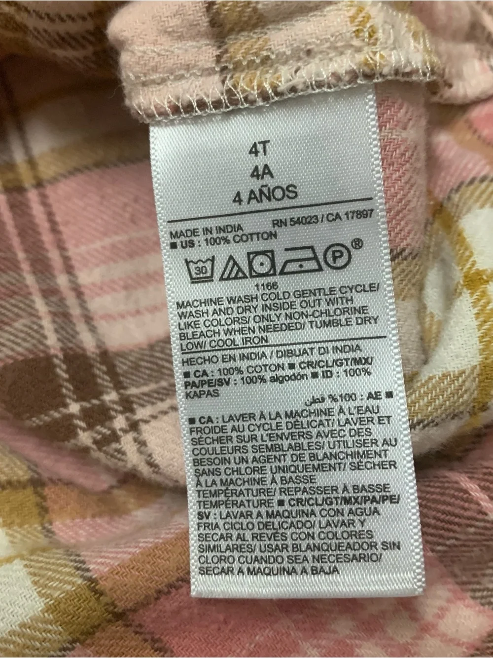 Old Navy Plaid Flannel Shirt Girls 4T Pink Brown Button Up Long Sleeve Cotton